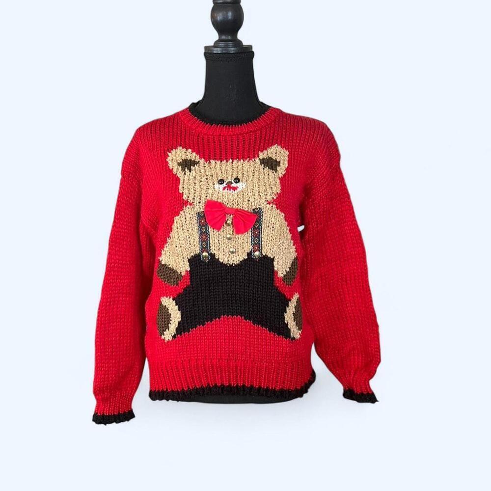 Vintage 80s Heidi Women's Hand Knitted Teddy Bear Sweater 3D Bow Size Small